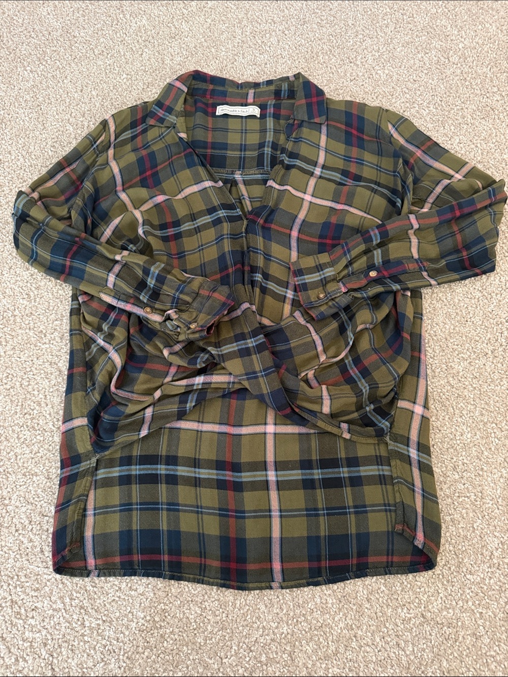 Abercrombie & Fitch Olive Plaid Button-Down Shirt with Pink & Navy Stripes